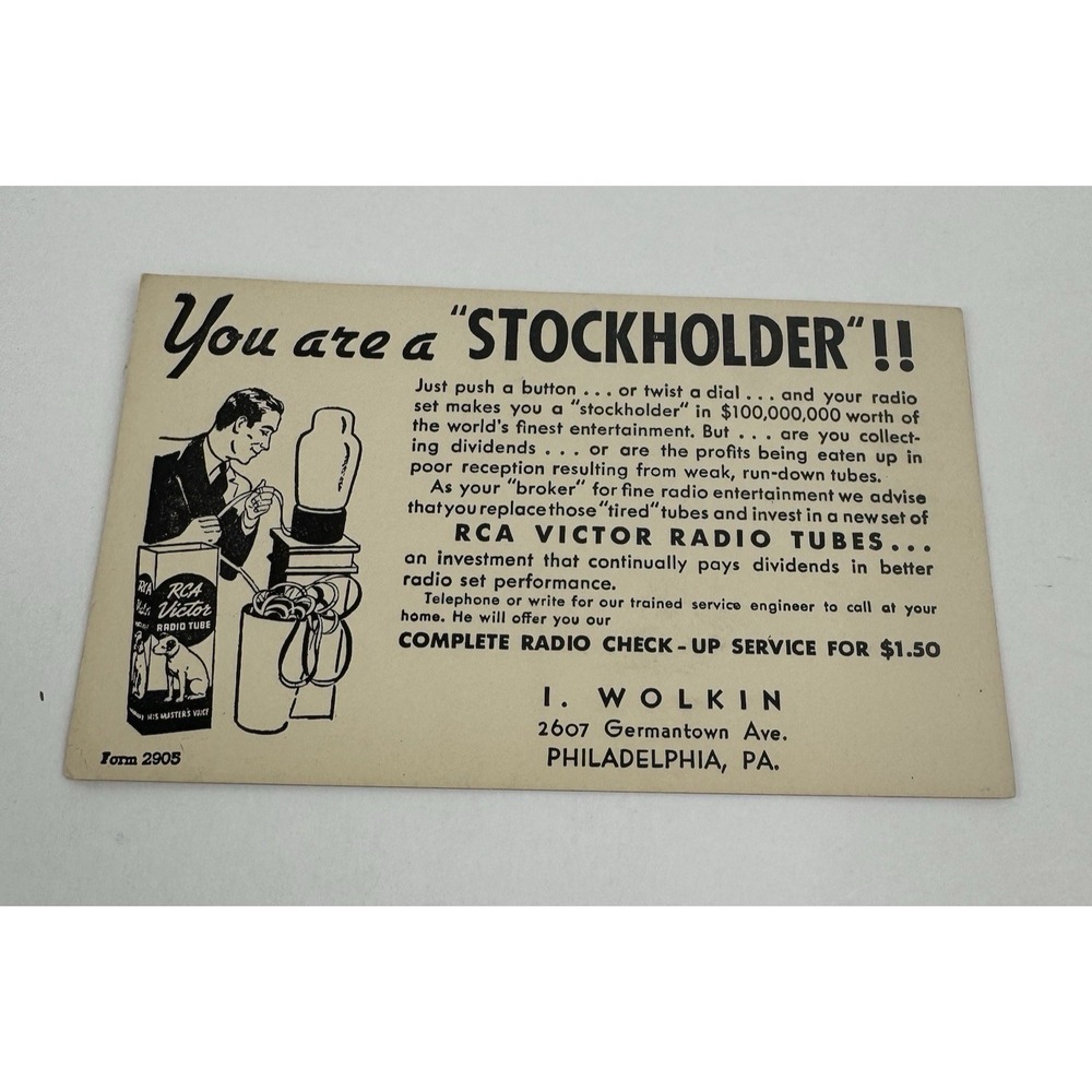 VTG RCA Victor Radio Tube Advertising Card Philadelphia PA